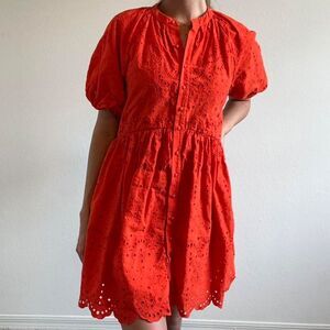 Antonio Melani X Kimberly Whitman Eyelet Puff Sleeve Scallop Button Dress Orange